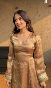 Innovative Brown Color Shining Silk Salwar Suit With Green Dupatta